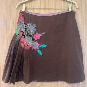 Free People Vintage Y2K Boho Skirt w/Rainbow Floral Embroidery & Pleat - Size 10